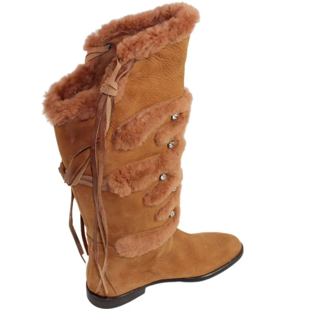 Russell & Bromley Rust Brown Leather Shearling Stud Accent Tall Boot, Size 36.5